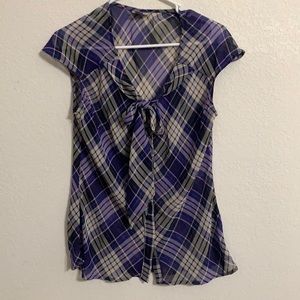 Worthington Purple Sheer Plaid Blouse w/ Bow